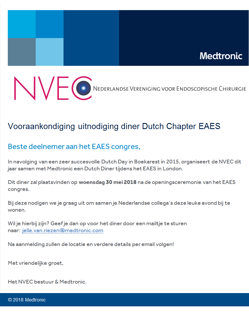 EAES – NVEC & Medtronic Dutch Diner – 30 mei 2018 image